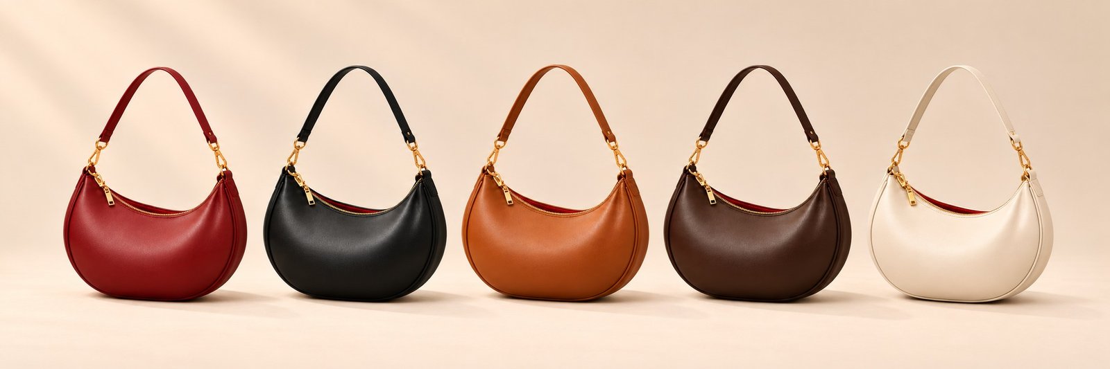 Crescent bag in cherry red, black, caramel, brown and cream