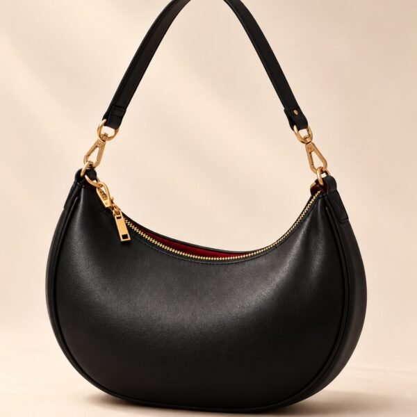 Black crescent PU leather shoulder bag with gold hardware