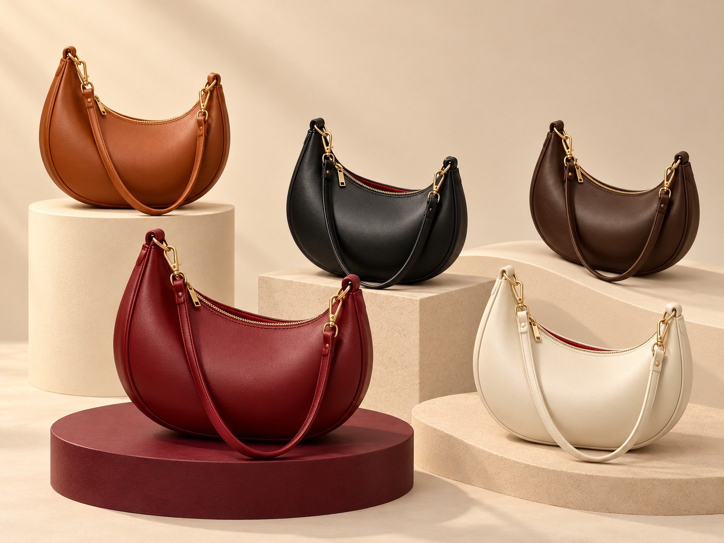 Glam Wallets crescent PU leather shoulder bags in cherry red, black, caramel, brown and cream