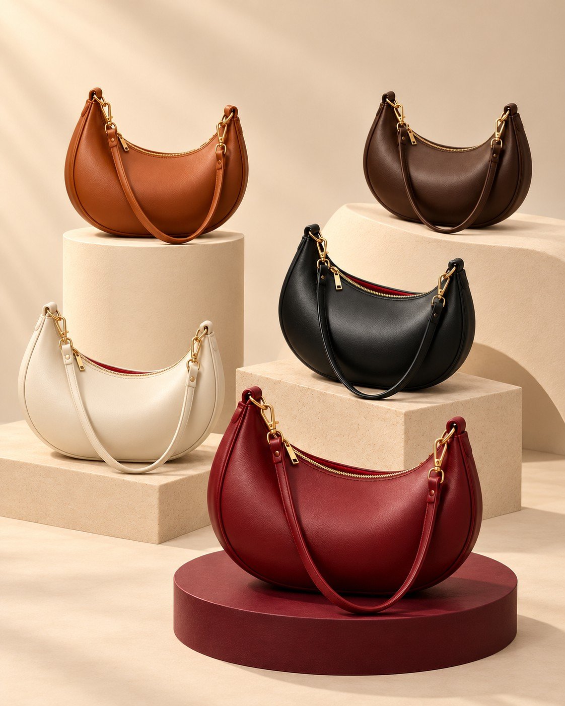 Glam Wallets crescent PU leather shoulder bags in five colours